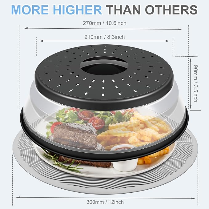 LekDrok Microwave Food Cover with Mat 12 Inch, Mat as Bowl Holder, Cover for Splatter Guard, Collapsible Lid for Plate Dish, Multi-Purpose Silicone Mat & Kitchen Colander Gadget for Meal Prep,Charcoal