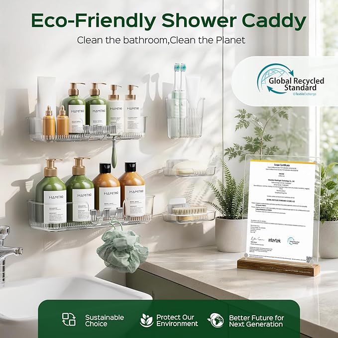 HAMITOR Adhesive Shower Caddy for Bathroom：5 Pack Clear Bath Shelves No Drilling for Modern Renters & Home Decor - Rustproof Acrylic Shower Organizer for Bathroom Storage