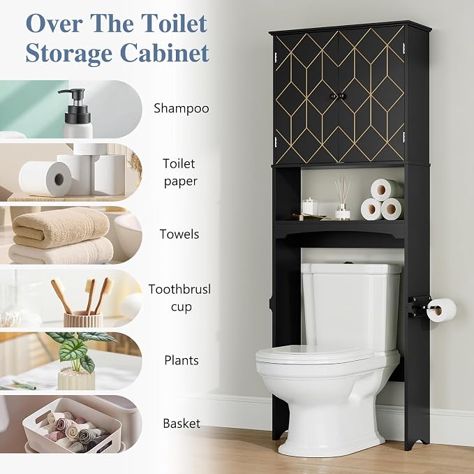 Gold Trim Over The Toilet Storage Cabinet, Double Doors Over Toilet Bathroom Organizer with Adjustable Shelves and Toilet Paper Holder, Modern Over Toilet Storage Cabinet for Bathroom (Black)