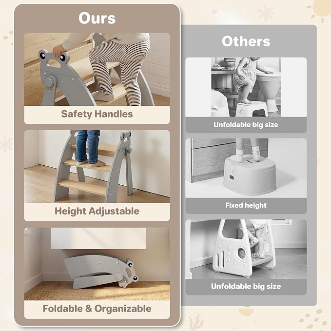 Step Stool for Toddlers, 3-Step Kids Step Stool for Bathroom Sink, Foldable Toilet Potty Training Bamboo Wooden Stool with Handles and Non-Slip Pads for Bedroom, Kitchen Stool Helper, Grey