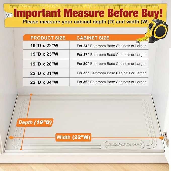 Aisslro Under Sink Mat 22" X 19", Waterproof Silicone Cabinet Organizer Protector with Raised Edge, Kitchen & Bathroom Leak Tray, Shelf Liner & Pet Feeding Mat for Dog Cat Food Mats, Beige