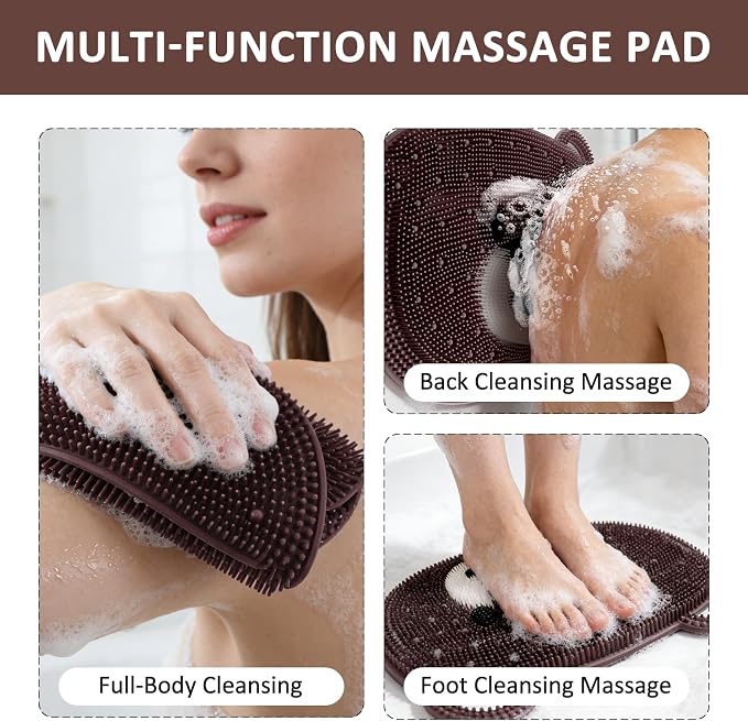Foot Scrubber Mat for Shower – Silicone Exfoliating Foot Scrub, Dead Skin & Callus Remover, Non-Slip with Suction Cups, Bath Mat for Feet, 14.5" x 11" Brown