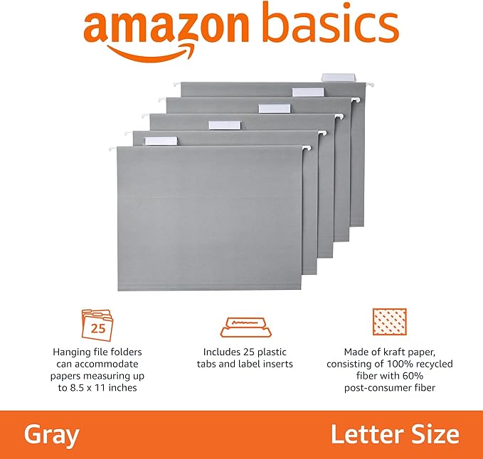 Amazon Basics Hanging File Folders with Adjustable Tabs for Document Organization, Letter Size, Gray, 25-Pack