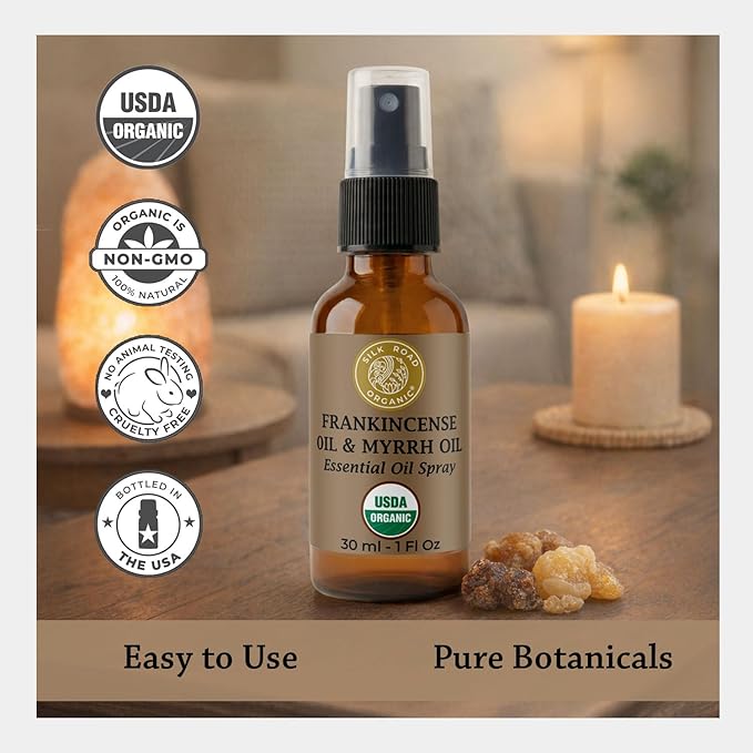 Silk Road Organic Frankincense Oil & Myrrh Essential Oil Spray, 100% Pure USDA Certified Aromatherapy for Body Aches, Stiffness & Tingling, Stress, & Skin - 1 Oz Spray