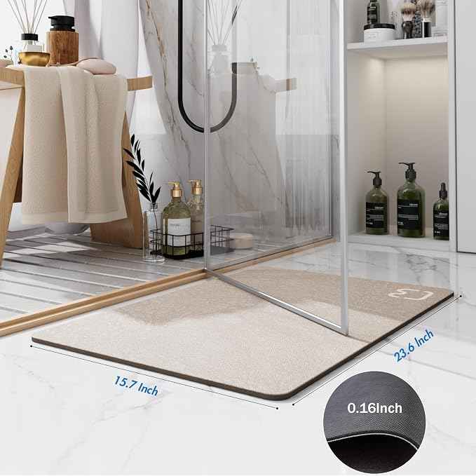 RUERYA Diatomaceous Earth Bath Mat Super Absorbent Non Slip Fast Drying Shower Rug Stone Bath Mat for Bathroom Thin Bathroom Floor Mats Fit Under Door, Machine Washable, 15.7" x 23.6", Taupe