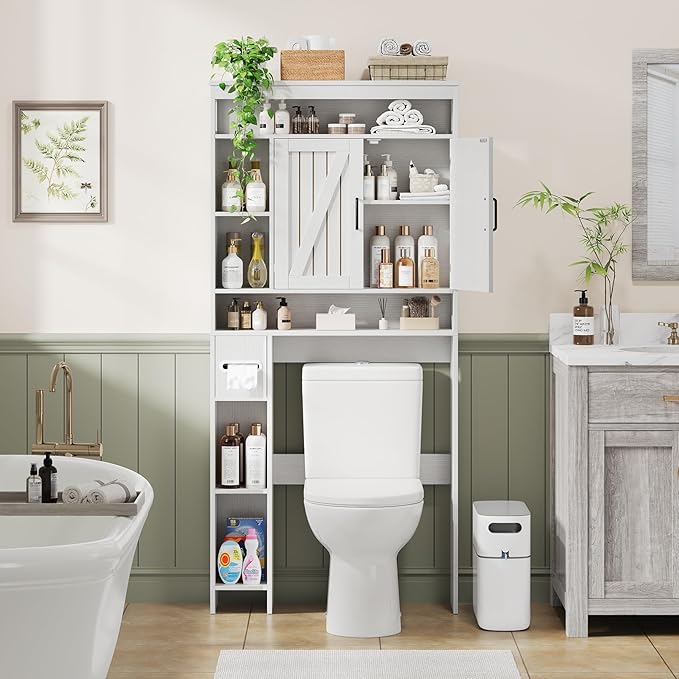 Over The Toilet Storage Cabinet with 2 Barn Doors & Built-in Toilet Paper Holder, Farmhouse Space-Saving Organizer for Bathrooms and Laundry Room, White