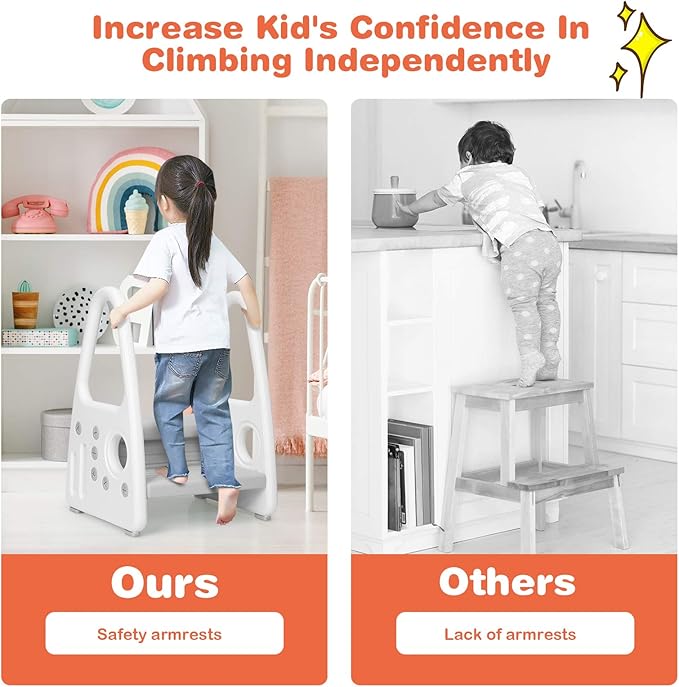 Costzon Kids Step Stool, Toddler Step Ladder for Toilet Potty Training, Kitchen Counter, Bathroom, Two Step Tower w/Non-Slip Design, Safety Handles, 110 Lbs Weight Capacity (Grey)