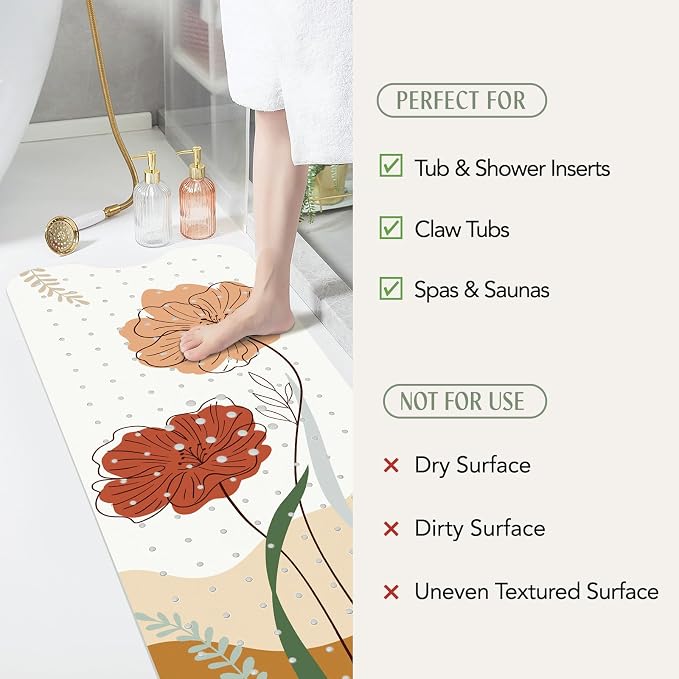 SHUCHING Boho Flower Bath Mat for Tub Non Slip-40 X 16 Inch, Non Slip Bathtub Mat for Elderly Mold Free, Long Shower Mat for Inside Shower, Machine Washable