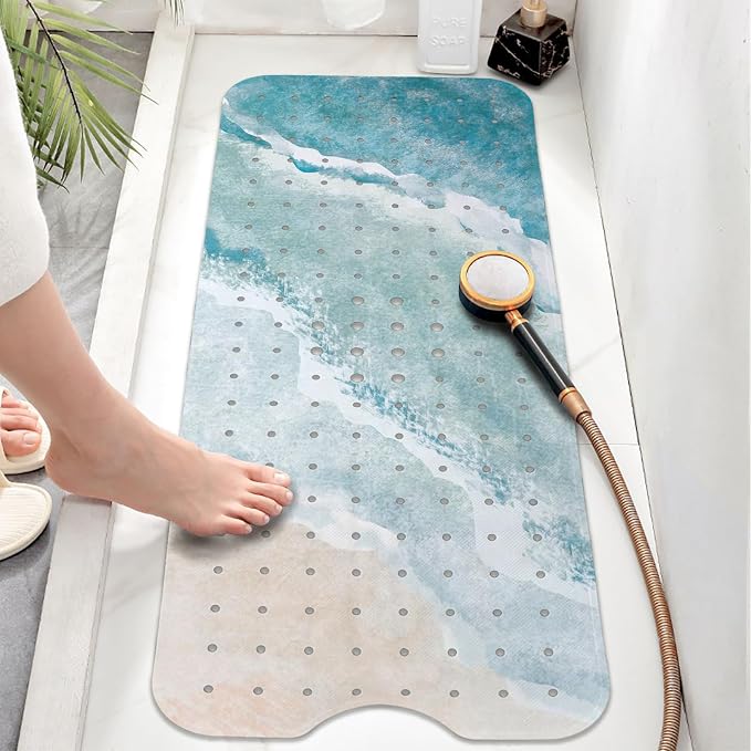 Beach Bathtub Mat Non Slip, Baby Bath Mat for Tub Rubber Tub Mat, Kids Bath Mats for Bathroom Ocean Waves Anti Slip Shower Mat with Suction and Drain Holes Machine Washable, 40″X16″