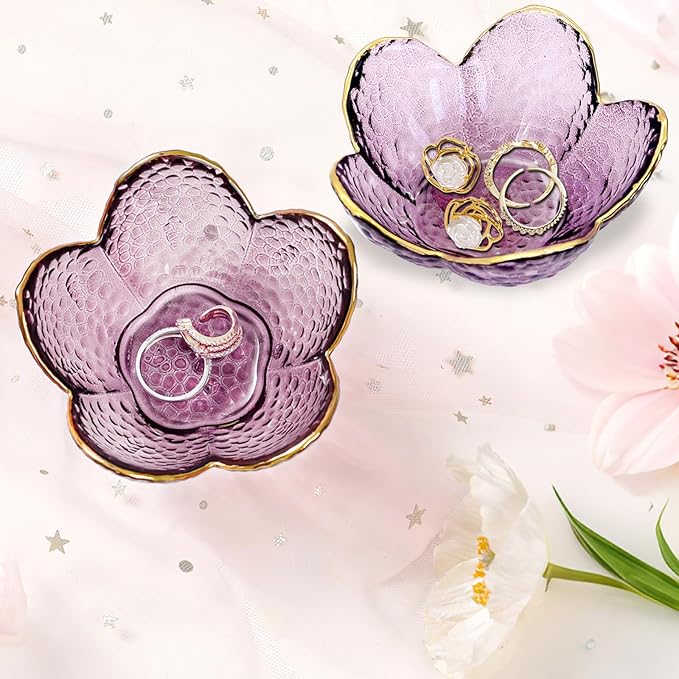 Gifts for Women Purple Flower Jewelry Dish Glass Ring Holder Decorative Jewelry Tray Cute Vanity Room Decor Aesthetic Nightstand Bathroom Decor Trinket Dish Friendship Christmas Birthday Gifts (2pcs)