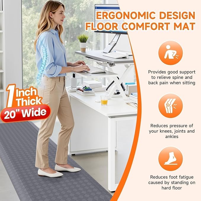 StepRite 1” Thick Kitchen Mats for Floor, Anti Fatigue Kitchen Rugs, Non-Slip,Heavy Duty Water Resistant Kitchen Rug, Standing Desk Mat for Friends, Family, Home, Kitchen, Office (72" x 20", Grey)