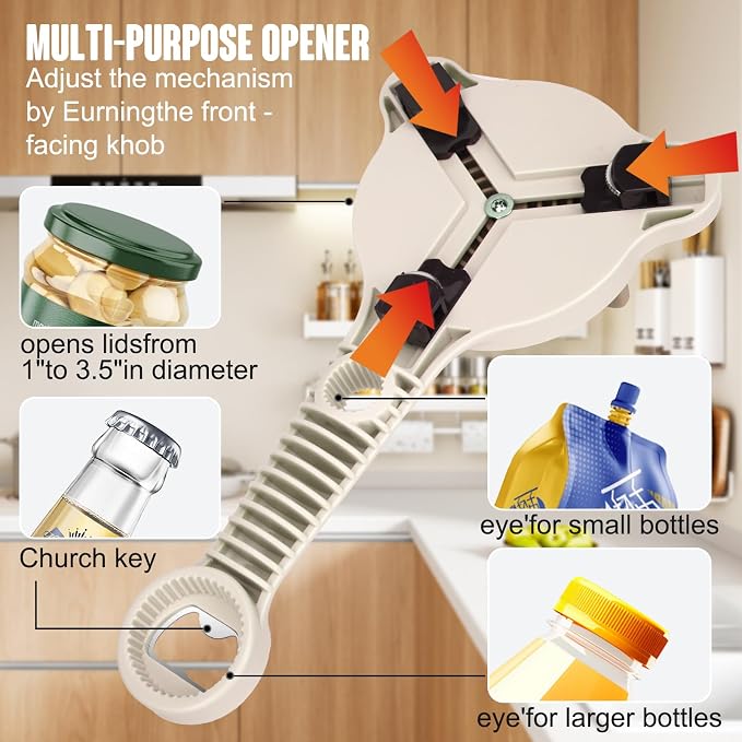 4-in-1 Adjustable Jar Opener for Seniors & Weak Hands - Multifunctional Stainless Steel Can Opener, Bottle Cap Gripper for Arthritis Sufferers - Kitchen Gadgets for Easy Opening（Brown）