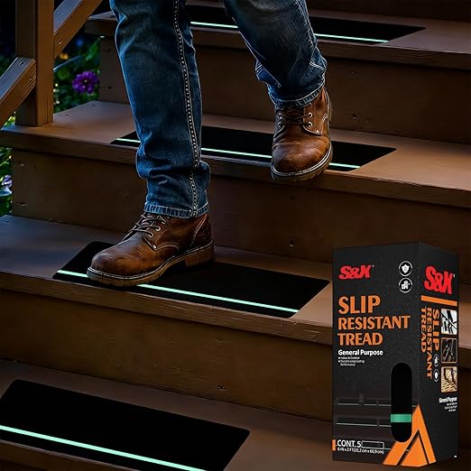 S&X Outdoor Stair Treads Non-Slip 5-Pack, 6" x 24" with Glow-in-the-Dark Stripe Heavy Duty Anti Slip Tape for All Slippery Surfaces - Weather Resistant Grip Tape for Stairs, Steps