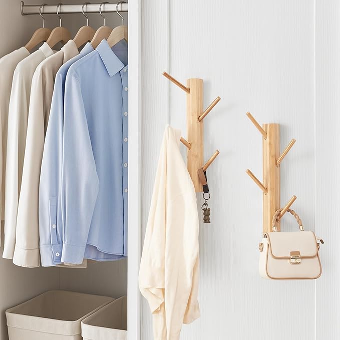 TIOPGHAD 2 Pack Small Vertical Coat Rack Wall Mount, Bamboo Coats Hooks Clothes Holder Hanger for Wall Coat Hat Jacket Clothing Bathroom Robes Entryway(Natural)