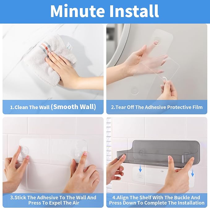 Diesisa 2pc Acrylic Wall Mounted Shower Caddy, Adhesive Shelf, Bathroom Shelves for Wall, Self Adhesive Organizer, No Drilling Hang Walls, for Bathroom, Kitchen, Living Room