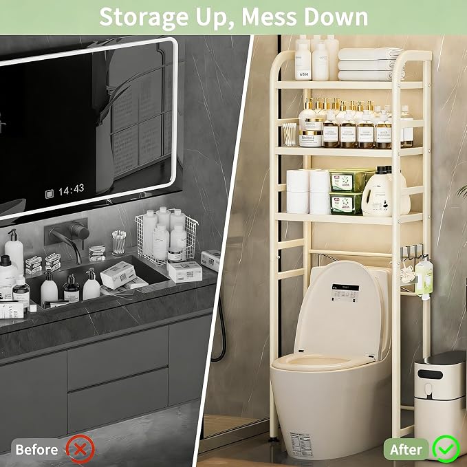 Purebox Over The Toilet Storage, Enhanced Oval Tube Heavy Duty Bathroom shelf organizer, Freestanding Metal Toilet Storage Cabinet With Suction Cups for fastening, 3-Tires Over The Toilet Rack (white)