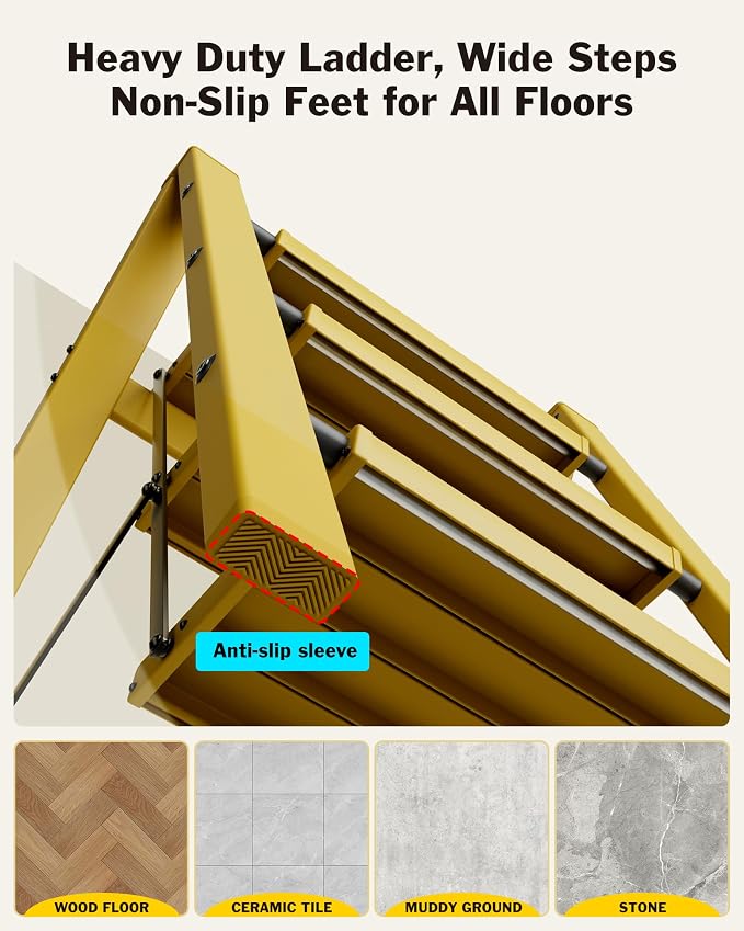 3 Step Ladder, Aluminum Lightweight Folding 3 Step Stool with Anti-Slip Wide Pedal, 330lbs Capacity Ladder for Household,Library,Office(Soft Dusk Yellow)
