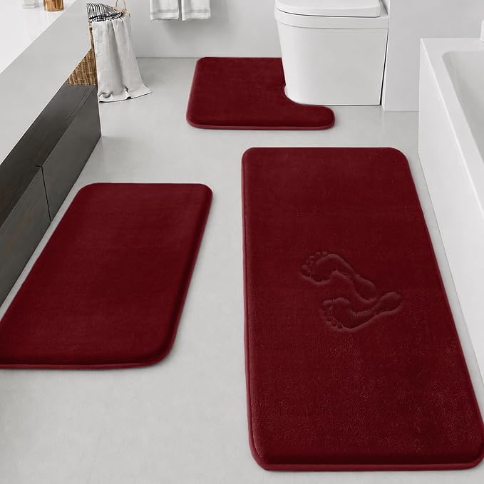 HUXMEYSON Bathroom Rugs Sets 3 Piece, Non-Slip & Quick Dry Bath Mat Set, Ultra Soft Velvet Bath Rugs for Bathroom, Toilet and Shower Floor, Red