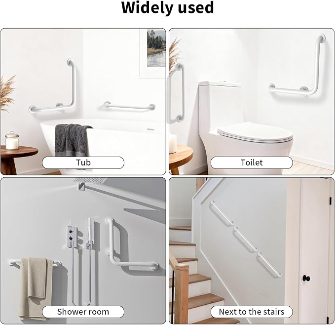Angled Grab Bar 16x16 Inch White, L-Shaped Shower Grab Bar w/16 Inch Straight Bathtub Toilet Safety Handrail Wall Mounted, Stainless Steel Balance Support Bar for Seniors Elderly Injury Handicap