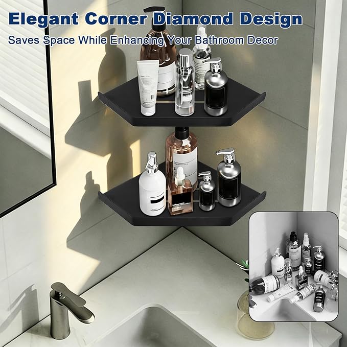 NearMoon Bathroom Shower Caddy 2 Pack, 304 Stainless Steel Shower Organizer, Screw Mounted (Diamond Corner Shelf, Matte Black)