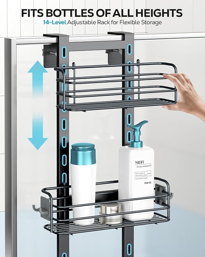 Nieifi Over The Door Shower Caddy Pantry Organizer Rack with Reliable Hooks, Sturdy Hanging Shower Organizer Shelf Basket Storage Rack, Bathroom Shelves Drill Free Extra Large, Black