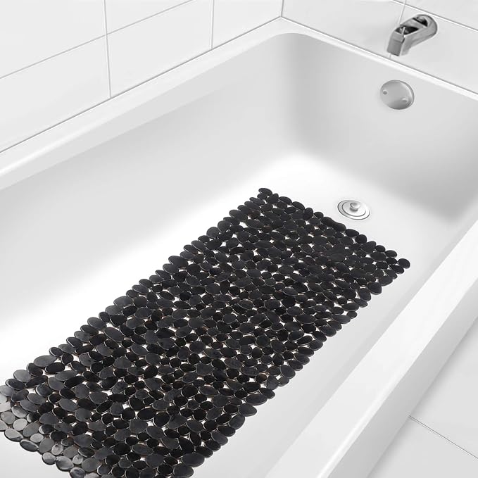 WELTRXE Non Slip Bathtub Mat 35 x 16 Inches Pebbles Shower Mats with Suction Cups, Drain Holes for Bathroom Showers, Tub, Machine Washable Bathroom Mats BPA, Latex Free Safe Tub Mats - Black