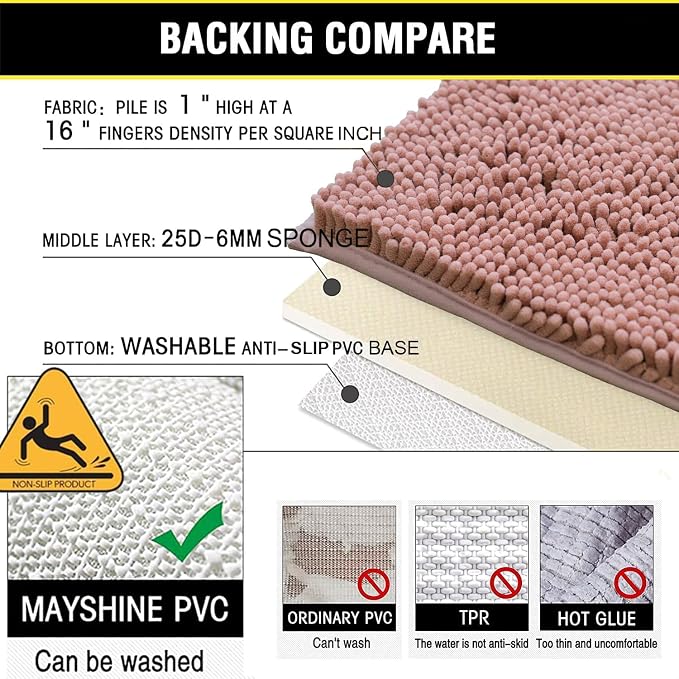 Bathroom Rugs Chenille 3-Piece Extra Soft and Absorbent Shag Bathroom Rugs, Machine Wash Mat, Strong PVC Non-Slip Underside, Plush Carpet Mats (Deep Pink)