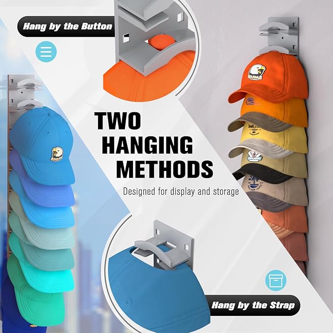 Hat Organizer for Baseball Caps 2Pack, Hat Rack for Wall with Strong Adhesive Hold up to 20 Hats, Hat Hanger Holder Display for Door Closet, Cap Organizer Storage Multilayer Two Mounting Option(Grey)