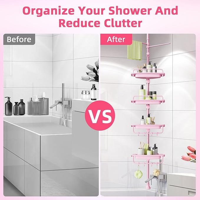 XLHOMO 32-122inch Corner Shower Caddy Tension Pole Pink, Rustproof Drill-Free Shower Shelves for Bathroom Bathtub Washbasin, Adjustable Shower Organizer with 4 Tier Patent Stable Shelves & Towel Bars