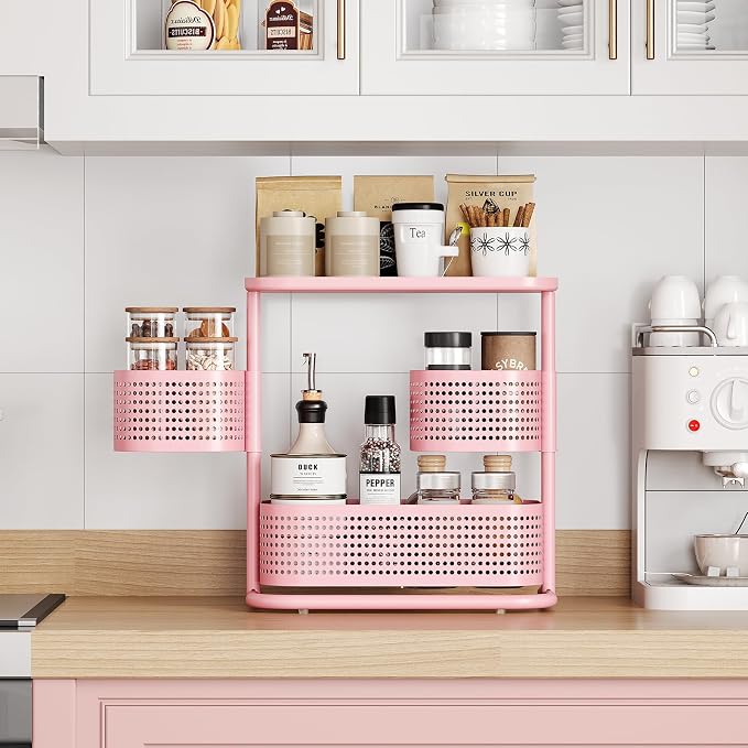KINGRACK 3 Tier Pink Bathroom Counter Organizer, Rotating Makeup Organizer for Vanity, Perfume & Skincare Standing Shelf, Vanity Tray for Bathroom Countertop Storage, Pink