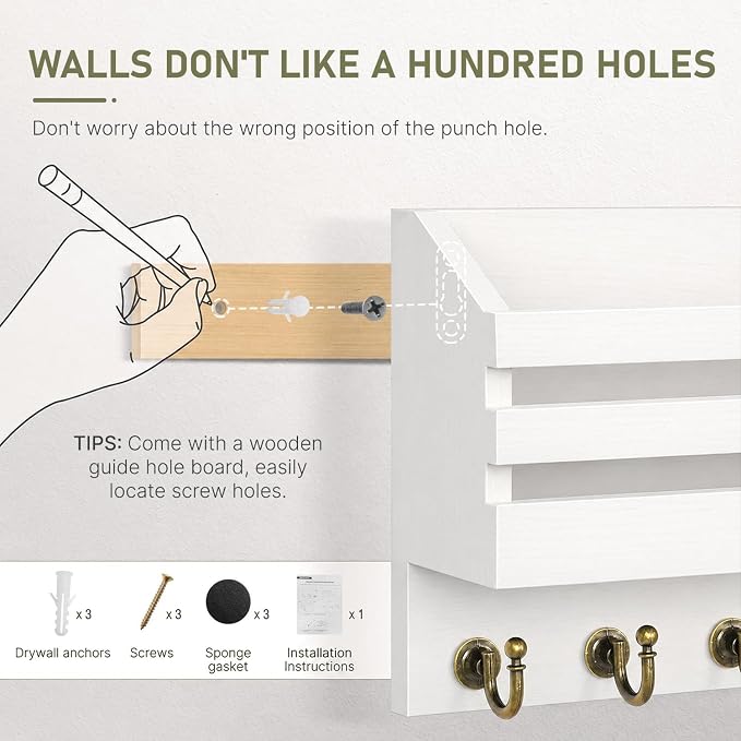 FifthQuarter Key Holder Wall Mount: Key and Mail Holder for Wall with 6 Hooks and Storage Drawer, Easy Installation Key Rack for Entryway Home Decor (A-White)