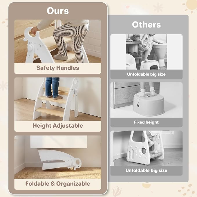 Step Stool for Toddlers, 3-Step Kids Step Stool for Bathroom Sink, Foldable Toilet Potty Training Bamboo Wooden Stool with Handles and Non-Slip Pads for Bedroom, Kitchen Stool Helper, White