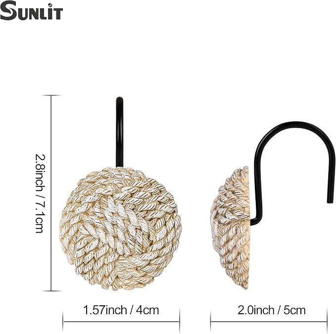 Sunlit Boho Knots Shower Curtain Hooks, Home Decorative Shower Curtain Rings with Black Hooks for Bathroom, Seaside Nautical Shower Curtain Hangers Bathroom Accessories, Set of 12