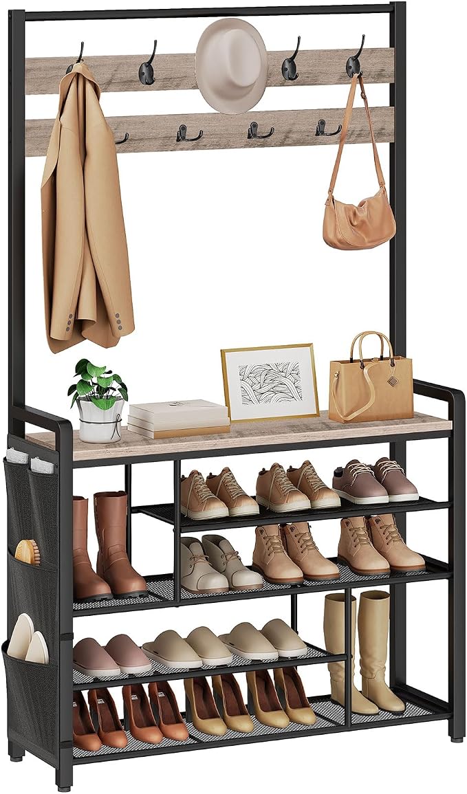 HOOBRO Hall Tree with Bench, Shoe Rack with Coat Rack, 39.4" Coat Rack with Shoe Storage, 5 Tier Shoe Storage Organizer, Oxford Fabric Side Pockets, Coat and Shoe Rack Entryway, Greige BG46MT01