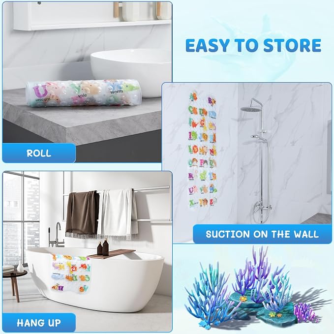 Bath Mat for Tub Non Slip, Machine Washable Anti Slip Cartoon Baby Bathtub Shower Mat with Drain Holes and Suction Cups for Toddler & Kids, 40 Inch x 16 Inch-Rectangular, 26 Alphabet