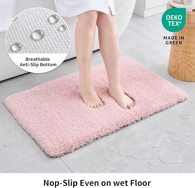 Disolla Pink Bathroom Rug 20x32 - Non-Slip Plush Thick Bath Mat, Highly Absorbent & Ultra Soft Fluffy Floor Mat, Machine Washable for Shower and Tub