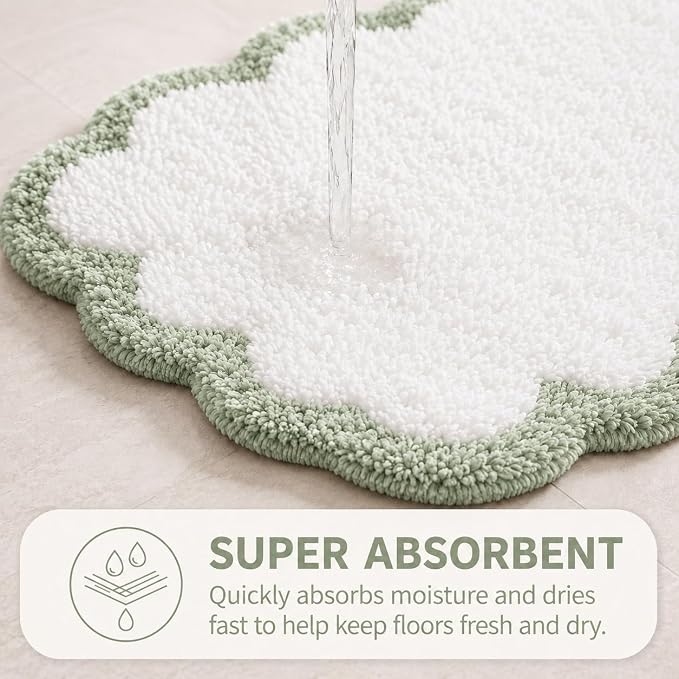 Scalloped Sage Green Bath Rug, Cute Bathroom Rug, Soft Absorbent Quick Dry Bath Mat, TPR Non Slip Backing, Microfiber Mat for Shower Tub Sink Vanity 20" x 31.5"