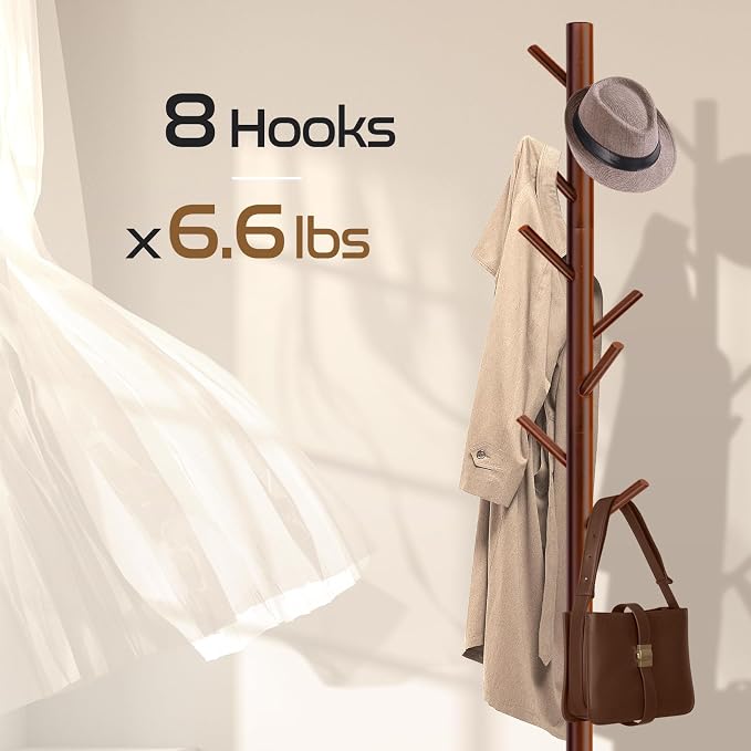 2 PC Wooden Coat Rack Freestanding with 8 Hooks & 3 Adjustable Sizes for Clothes, Space-Saving Design for Bedroom Office Entrance Holds Hats Coats Scarves Bags