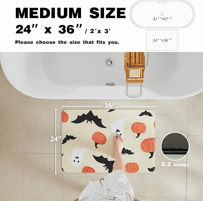 TYUU Halloween Bath Mat, Thin Bathroom Rug Non Slip Quick Dry Pumpkin Bath Mat Fits Under Door Thin Floor Mat Halloween Decor, 24''x36'', Pumpkins Bats and Ghost