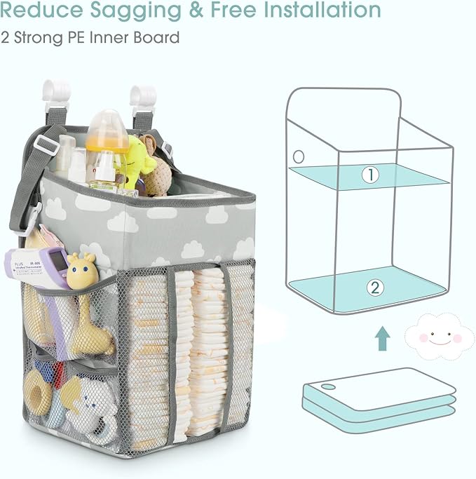 Maliton Hanging Diaper Caddy Organizer - Diaper Stacker for Changing Table, Crib, Playard or Wall & Nursery Organization Baby Shower Gifts for Newborn (Gray Cloud)