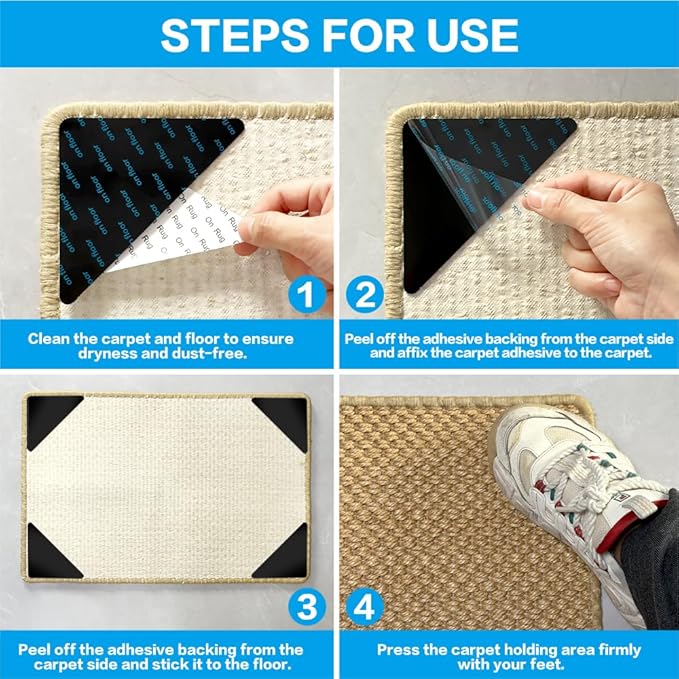 Rug Gripper for Hardwood Floors: No Damage Rug Grip for Area Rugs on Carpet & Hardwood Floors – Strong Hold, Safe for All Flooring (12 PCS)
