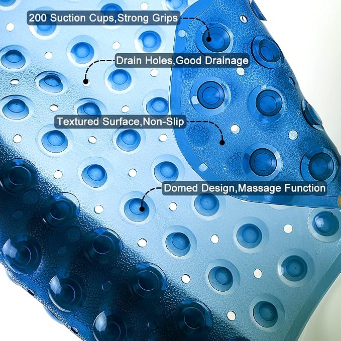 Bathtub and Shower Mats, Extra Long Non-Slip Bath Tub Mat 39 x 16 Inch, Machine Washable Bathmat with Suction Cups & Drain Holes for Bathroom Floor, Clear Royal Blue