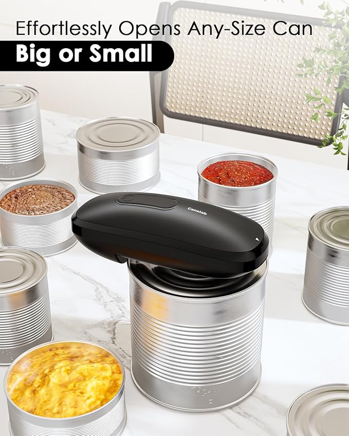 Canslab CORE Electric Can Opener_Single Touch Automatic Can Opener for Seniors with Arthritis, Auto Shut-off, Cordless Battery Powered, Side Cut, Smooth Edge, Handsfree, for Small or Large Cans, Black