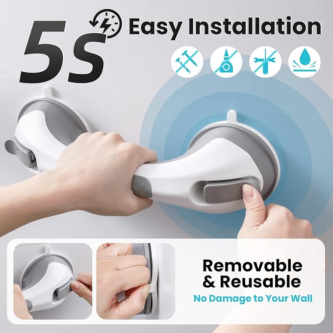 TAILI Shower Grab Bar Glow in The Dark, 2 Pack 12.2 in Grab Bars for Bathtubs and Showers,Shower Handles Rails for Seniors and Elderly,Bathroom Safety Grip Removable No Drilling Waterproof Grey,G9