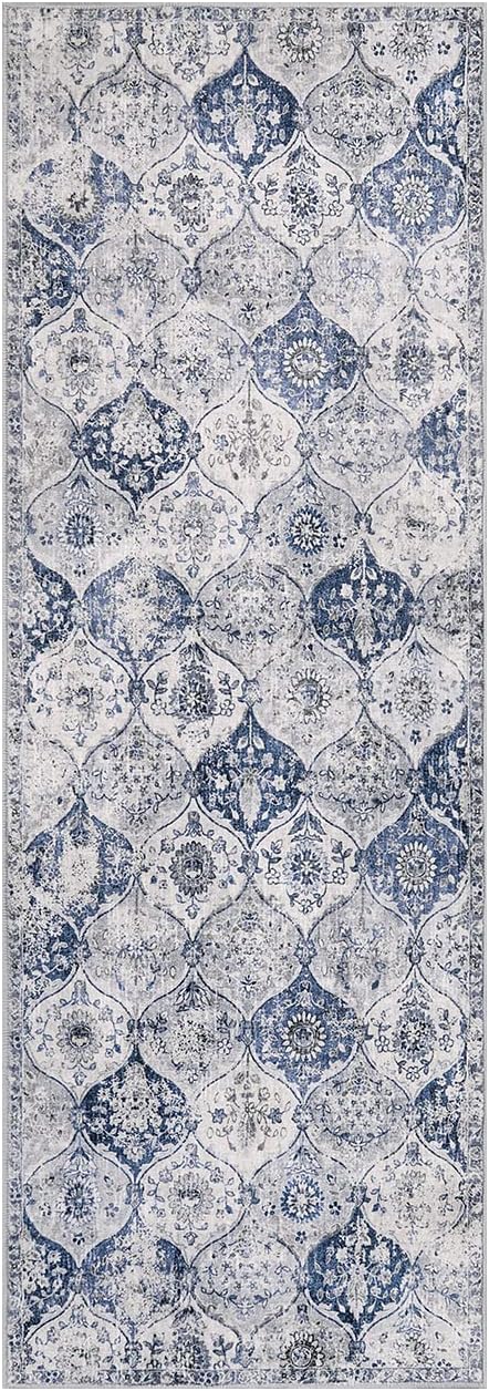 Lahome Moroccan Trellis Washable Runner Rug, 2x6 Kitchen Runners for Hallways 6 Feet Non Slip, Vintage Laundry Room Ultra-Thin Carpet for Bathroom Bedroom Entryway Elise, White/Royal Blue