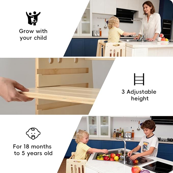 Toddler Tower,Height-Adjustable Step Stool with Sliding Safety Door,Easy to Adjust Height,Suitable for Kids from 18 Months to 5 Years Old,Anti-tilt Kitchen Step Stool with Safety Feet-Natural
