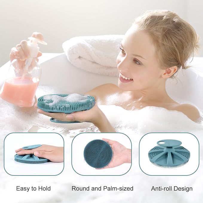 INNERNEED Food-Grade Soft Silicone Body Scrubber Shower Brush Handheld Cleansing Skin Brush, Gentle Exfoliating and Lather Well (Dark Green)