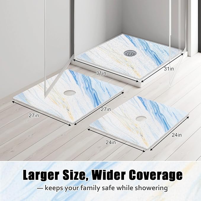 Square Shower Mat Non Slip: 31x31 Inch Large Shower mats for Inside Shower with Drain Hole in Middle, Super Soft PVC Loofah Massage Shower Floor Mat, Anti Slip Shower Stall Mat, Quick Drying
