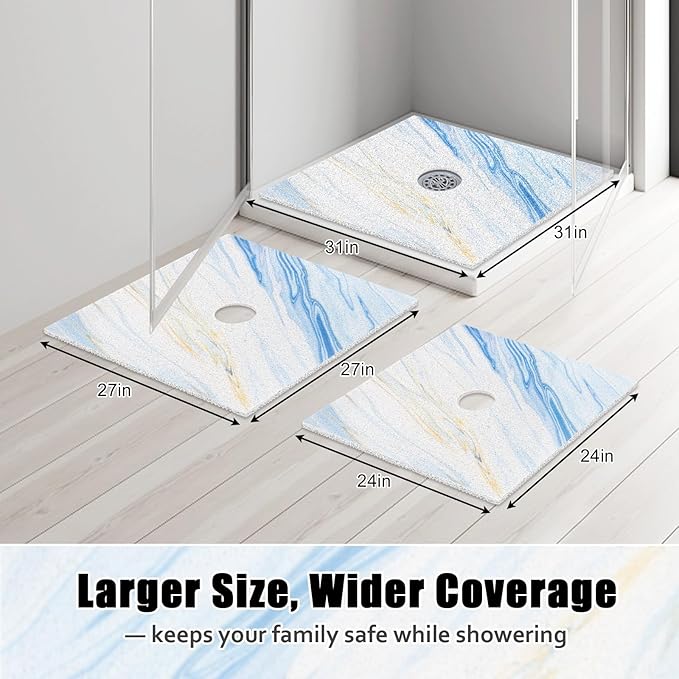 Square Shower Mat Non Slip: 27x27 Inch Shower mats for Inside Shower with Drain Hole in Middle, Super Soft PVC Loofah Massage Shower Floor Mat, Anti Slip Shower Stall Mat, Quick Drying