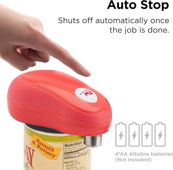 Kitchen Mama One Touch Electric Can Opener: Auto-Stop, Ergonomic Design for Seniors with Arthritis, One Button Press, Smooth Edge, Cordless, Food-Safe, Automatic, Hands Free, Battery Operated (Red)